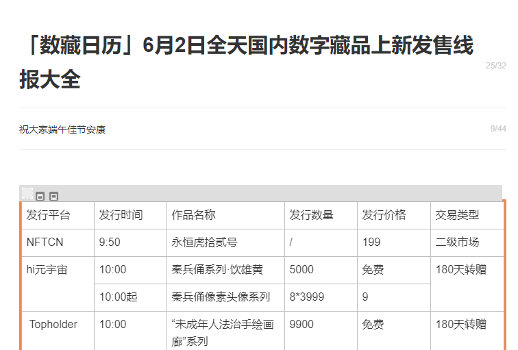 「数藏日历」6月2日全天国内数字藏品上新发售线报大全